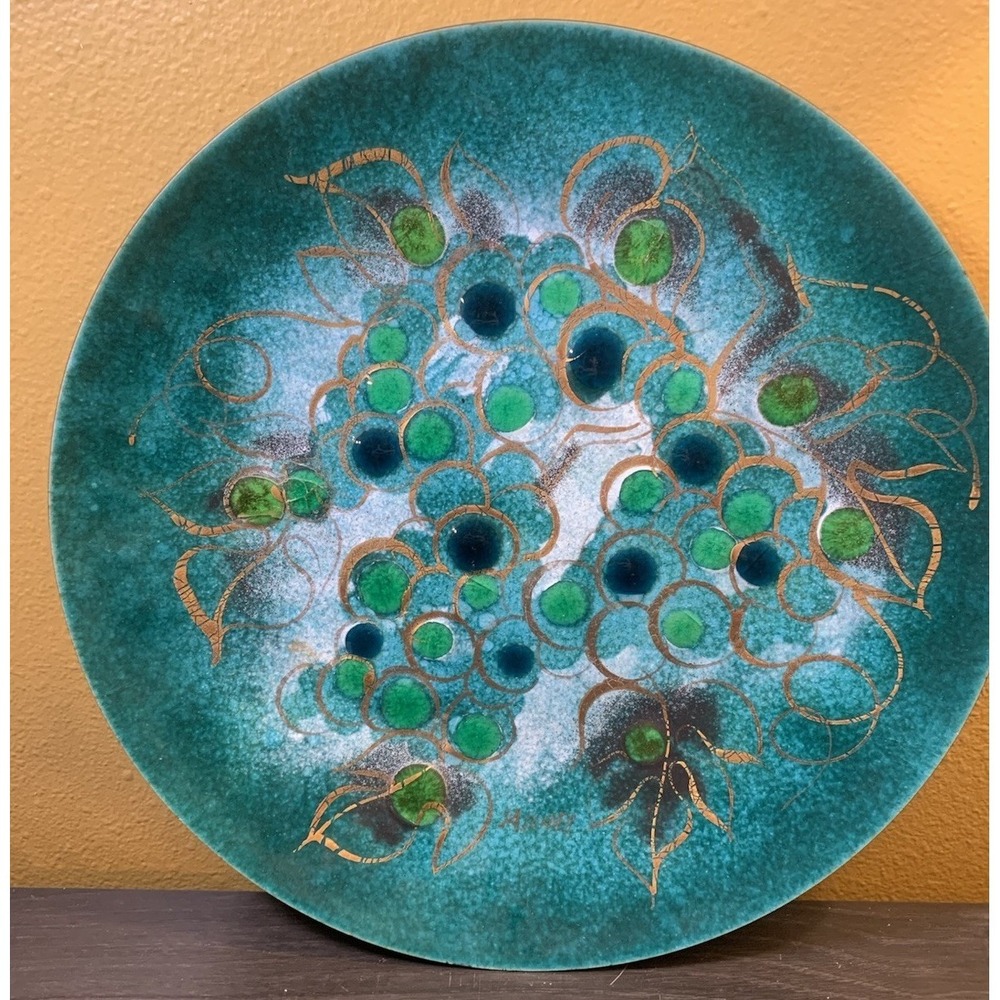 Vintage Sascha Brastoff Enamel On Copper Grape Plate 11.75" Green Gold Trim